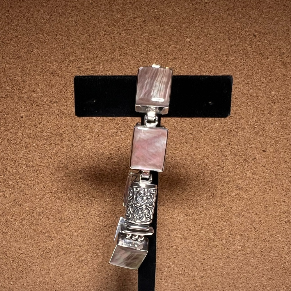 Sterling Silver Mother of Pearl Bracelet 7" tooled box clasp unique